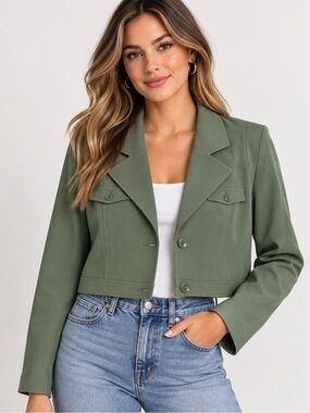 Express Women’s Large Olive Green Cropped Utility Blazer Jacket Military Style